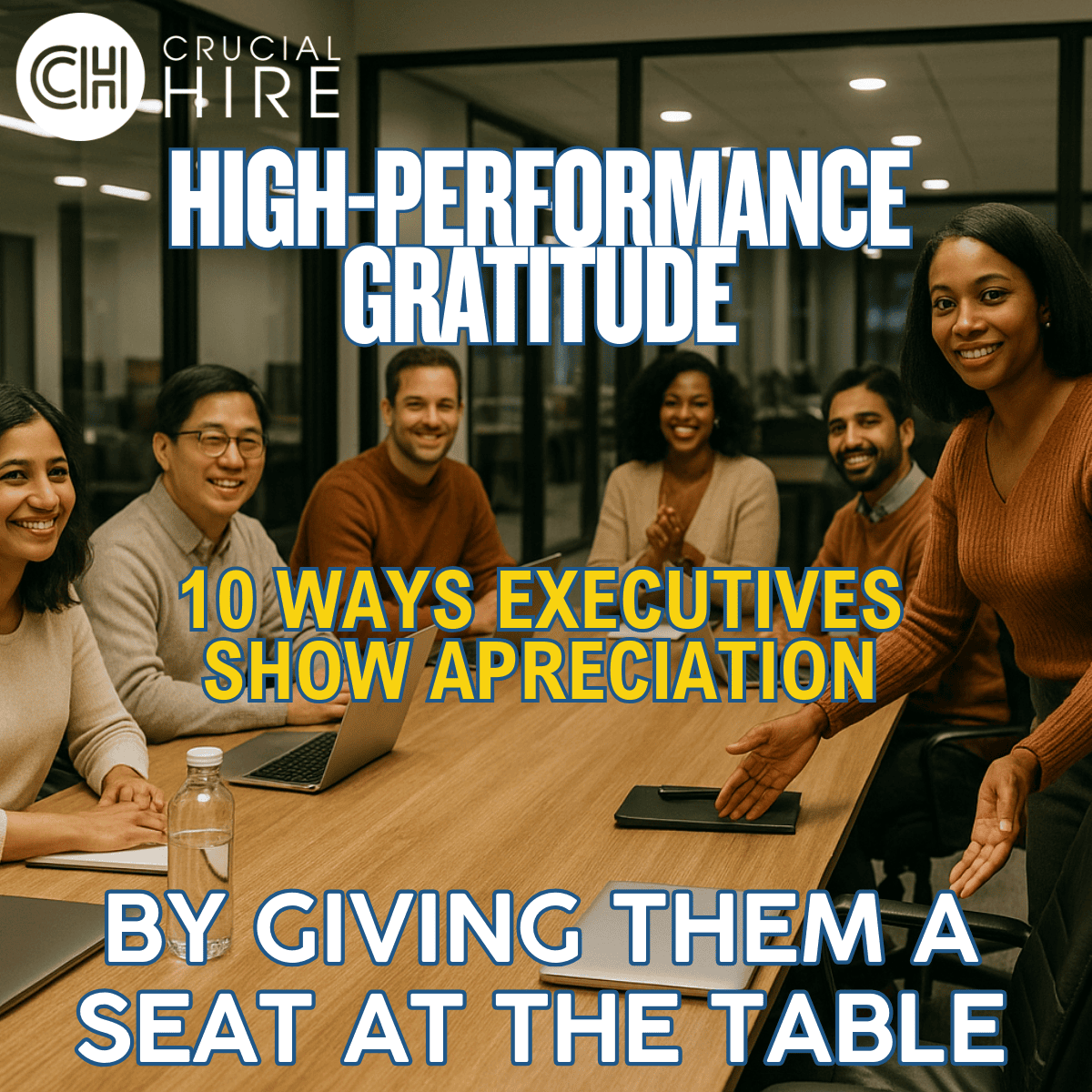 Team of executives around a conference table with the title ‘High-Performance Gratitude: 10 Ways Executives Show Appreciation.